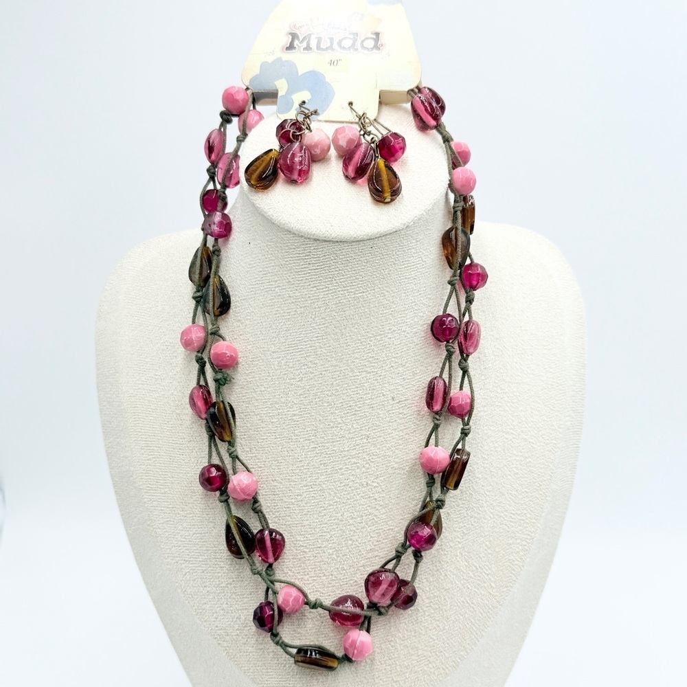 NWT Vintage Mudd Pomegranate Beaded Necklace & Earrings Set – Pink & Amber Tones